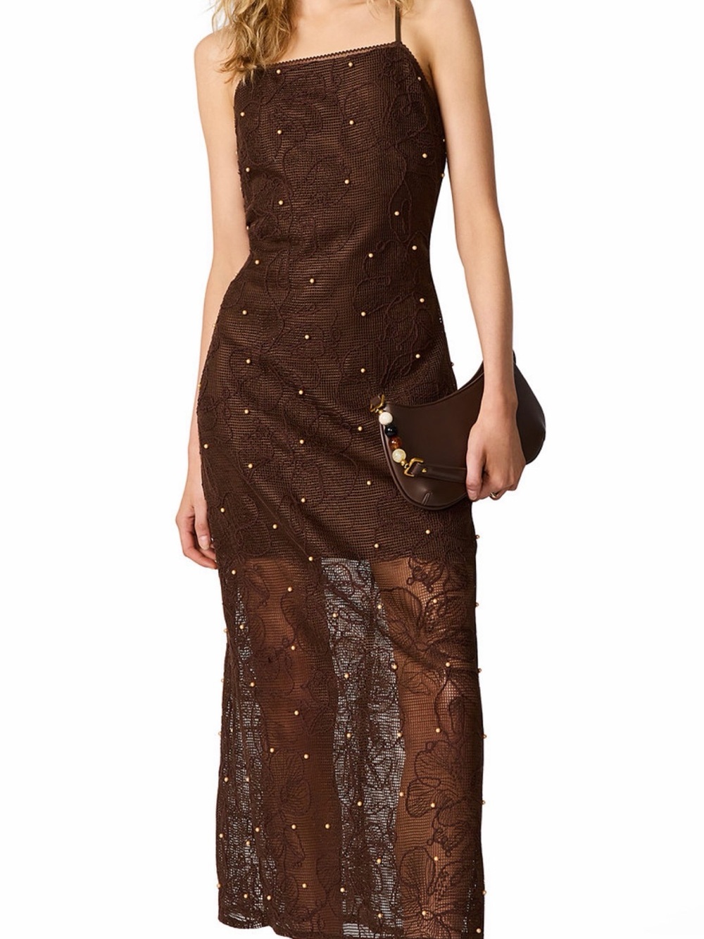 Steve Madden Brown Lace Beaded Maxi Dress